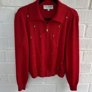 St. John by Marie Gray Vibrant Red Full Zip Gold Accents Sweater Jacket sz S